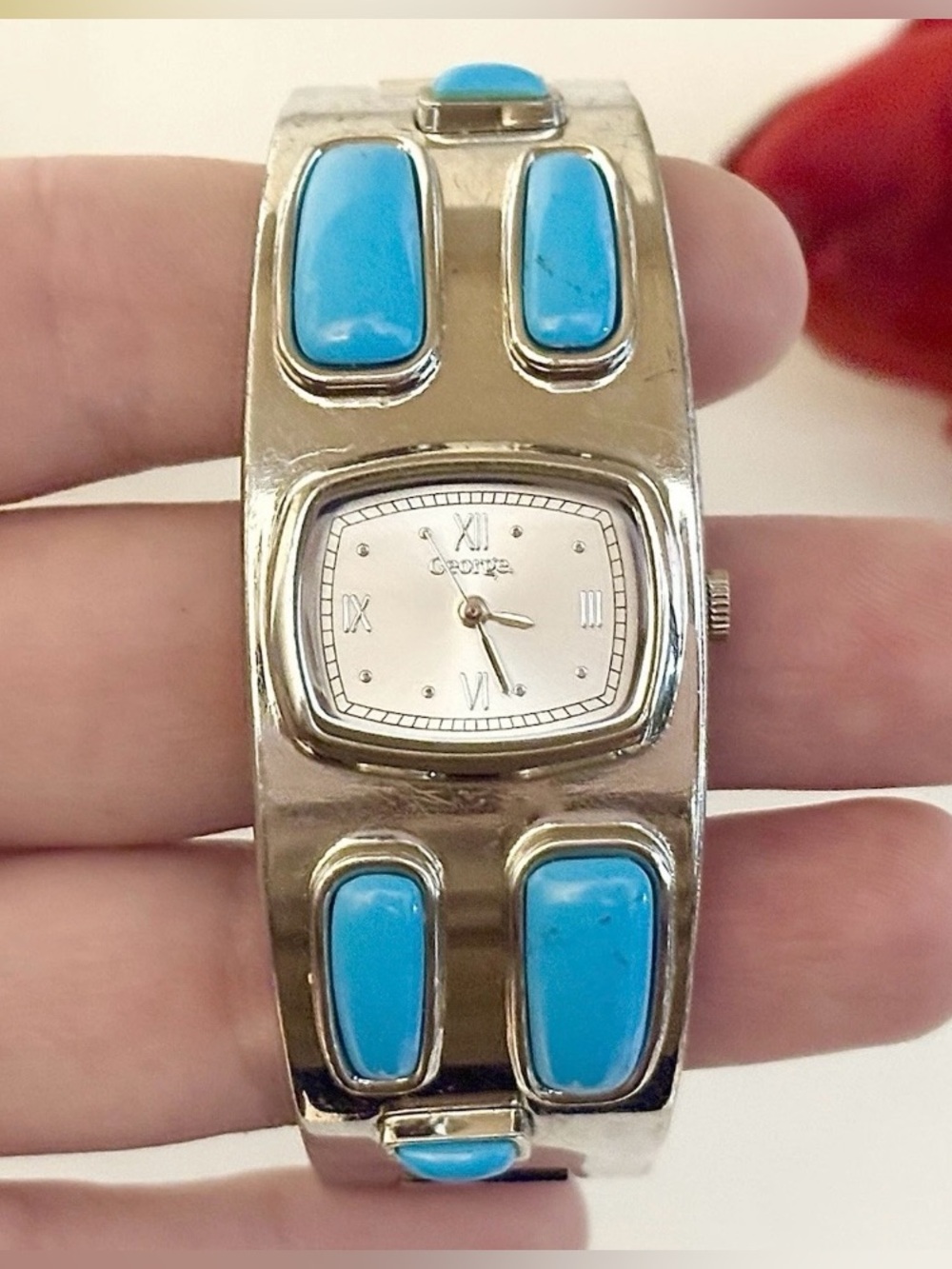 Women’s Turquoise Cabochon Navajo Silver Cuff Bracelet Watch-Southwestern Style